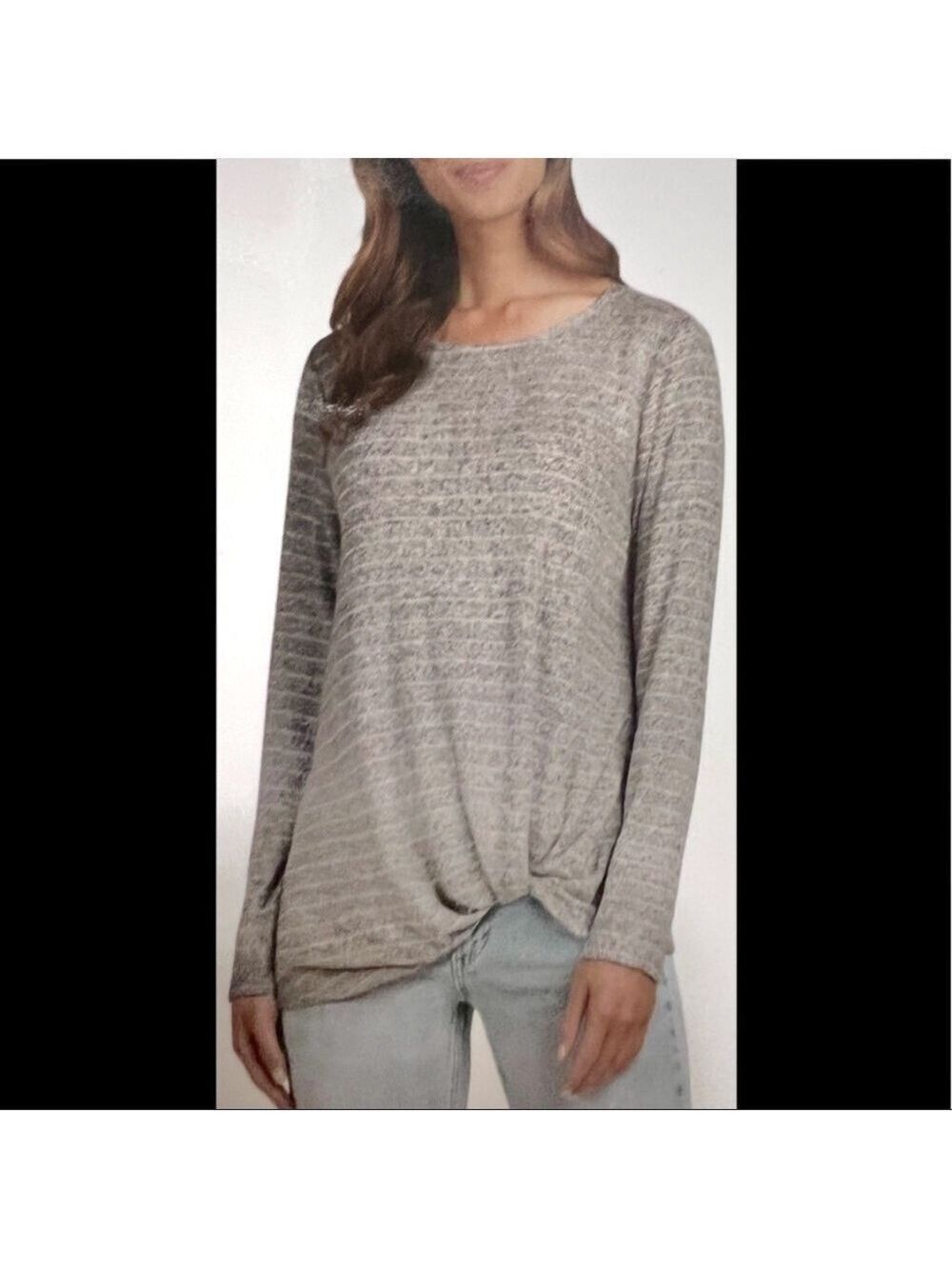 NEW-Max & Mia Gray/White Cozy Super Soft Long Sleeve Front Side Twist Top SZ SM